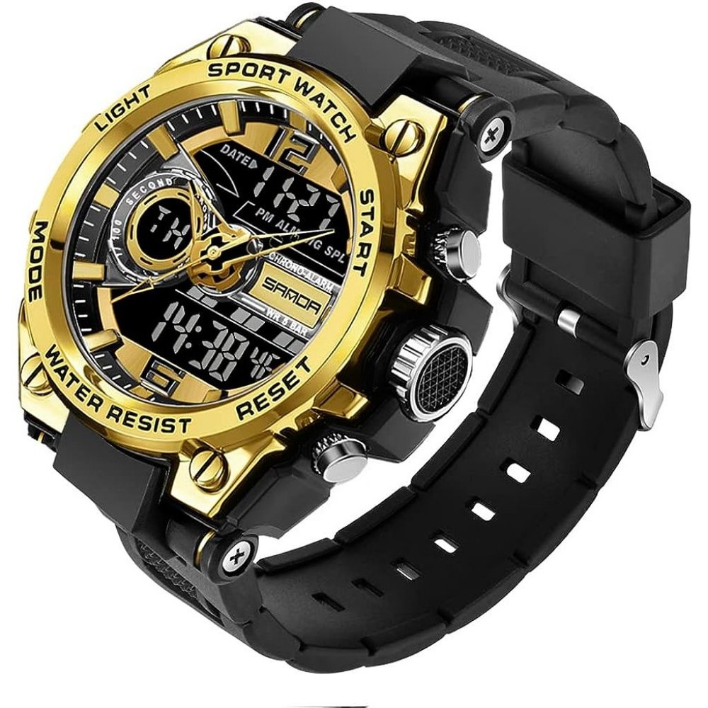 KXAITO Men's Black and Golden LED Alarm Stopwatch Waterproof Military Watch
